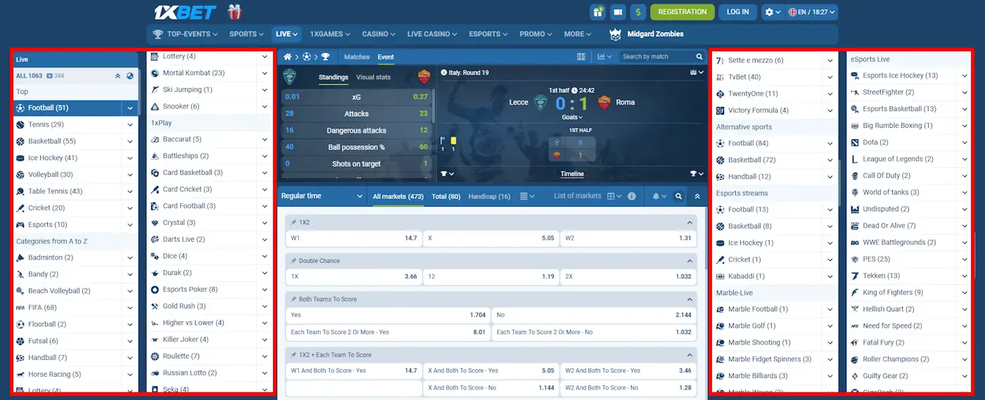 1xBet Sports and football match market Screenshot